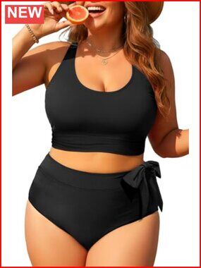 Plus Size High Waisted Bikini Set with Removable Padded Bra, Tummy Control,